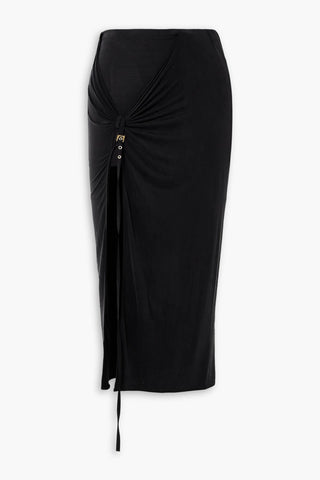 JACQUEMUS CROISSANT BUCKLED RUCHED STRETCH-JERSEY MIDI SKIRT - Size L