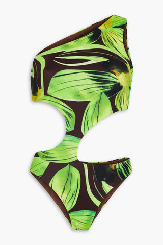 LOUISA BALLOU CARVE ONE-SHOULDER CUTOUT PRINTED SWIMSUIT - Size S