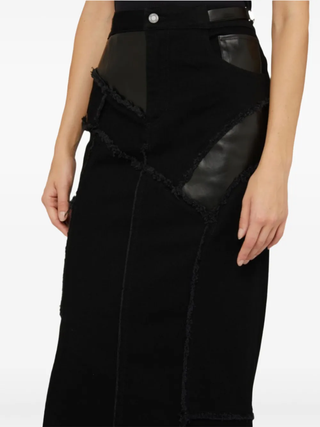 Tom Ford Frayed Patchwork Denim and Leather Skirt
