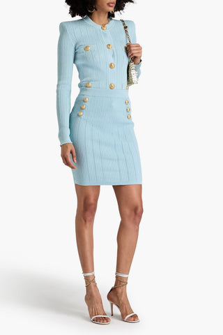 BALMAIN BUTTON-EMBELLISHED RIBBED-KNIT MINI SKIRT - Size 34