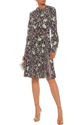 VALENTINO GARAVANI EMBELLISHED CHIFFON-PANELED PRINTED SILK CREPE DE CHINE DRESS - Size 40