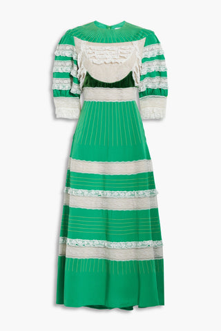 VALENTINO GARAVANI RUFFLED TULLE AND VELVET-PANELED SILK-TWILL MIDI DRESS - Size 40