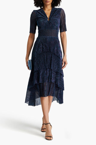 MAJE TIERED LAM MIDI DRESS - Size 36