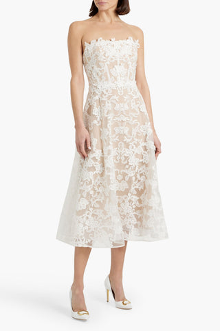 MARCHESA NOTTE STRAPLESS CORDED LACE MIDI DRESS - Size 4