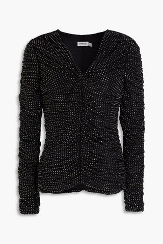 SIMKHAI HAYDON CRYSTAL-EMBELLISHED RUCHED JERSEY TOP - Size M