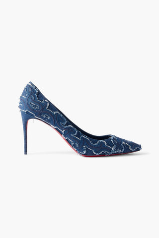CHRISTIAN LOUBOUTIN KATE 85 EMBROIDERED DISTRESSED DENIM PUMPS - Size 41
