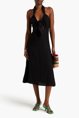SANDRO KNOTTED CRINKLED-GAUZE HALTERNECK MIDI DRESS - Size 36