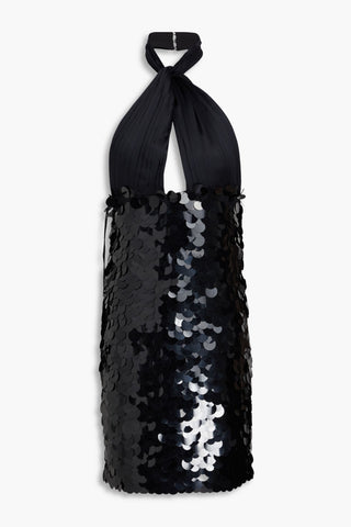 ALICE + OLIVIA CUTOUT SATIN-PANELED SEQUINED TULLE HALTERNECK MINI DRESS - Size 2
