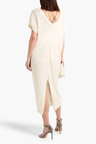 BRUNELLO CUCINELLI EMBELLISHED LINEN AND SILK-BLEND MIDI DRESS - Size XS
