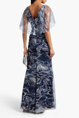 MARCHESA NOTTE TWIST-FRONT GLITTERED PRINTED TULLE GOWN - Size 10