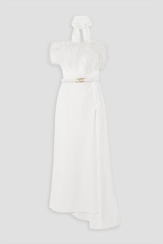 ELIE SAAB DRAPED FEATHER-TRIMMED CREPE GOWN - Size 34