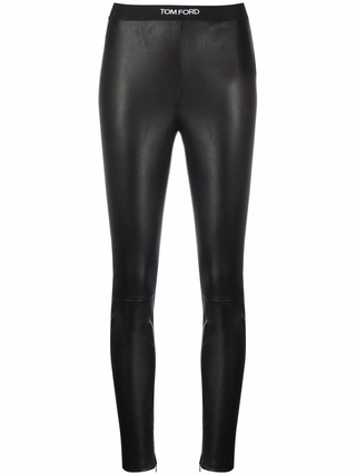 Tom Ford Leather Branded-Waist Leggings with Ankle Zips