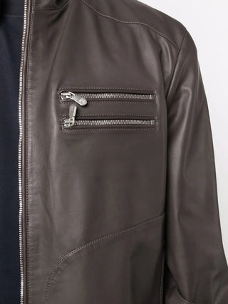 Brunello Cucinelli Leather Stand-Collar Bomber Jacket Brown