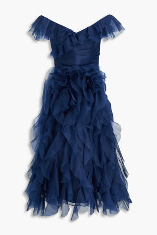 MARCHESA NOTTE OFF-THE-SHOULDER RUFFLED SILK-ORGANZA MIDI DRESS - Size 6