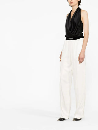 Tom Ford Cotton Blend Wide-Leg Trousers with Logo Waistband White