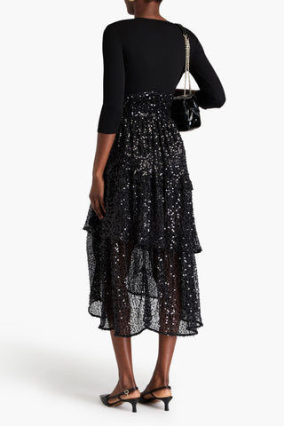MAJE SEQUINED TIERED OPEN-KNIT AND STRETCH-JERSEY MIDI DRESS - Size 36