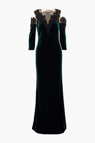 MARCHESA NOTTE COLD-SHOULDER LACE-APPLIQUD TULLE AND VELVET GOWN - Size 4