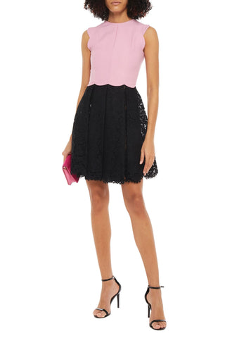 VALENTINO GARAVANI TWO-TONE COTTON-BLEND CREPE AND CORDED LACE MINI DRESS - Size 44