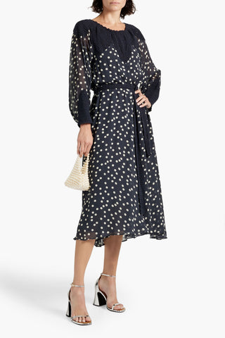RIXO IRENE CROCHET-PANELED POLKA-DOT CREPE DE CHINE MIDI DRESS - Size 10