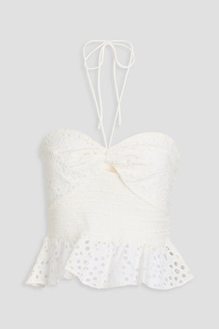 ALICE + OLIVIA LIVIA BRODERIE ANGLAISE COTTON PEPLUM HALTERNECK TOP - Size 12