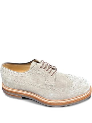 Brunello Cucinelli Suede Wingtip Derby Shoes with Contrast Heel, Stone