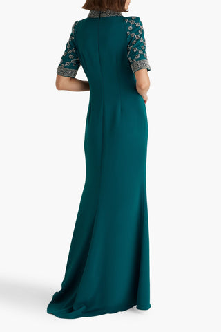 BADGLEY MISCHKA CRYSTAL-EMBELLISHED CREPE GOWN - Size 6