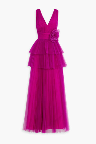 ZAC POSEN TIERED FLORAL-APPLIQUD TULLE GOWN - Size 2