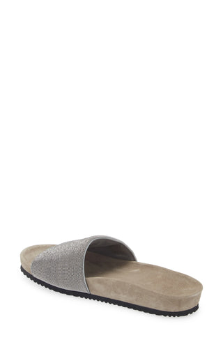 Brunello Cucinelli Monili-Embellished Suede Slippers in Grey