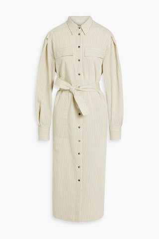 BRUNELLO CUCINELLI BEAD-EMBELLISHED STRIPED COTTON-BLEND SEERSUCKER MIDI SHIRT DRESS - Size M