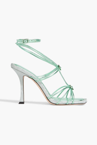 JIMMY CHOO INDIYA 100 CRYSTAL-EMBELLISHED METALLIC LEATHER SANDALS - Size 38.5