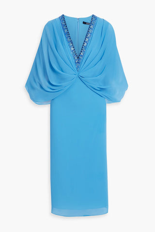 BADGLEY MISCHKA DRAPED EMBELLISHED CHIFFON MIDI DRESS - Size 10