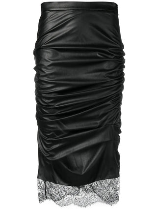 Tom Ford Faux Leather Ruched Pencil Skirt with Lace Trim