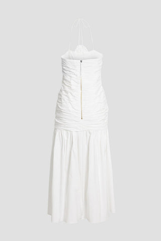 CAROLINA HERRERA RUCHED COTTON-BLEND POPLIN HALTERNECK MIDI DRESS - Size 8