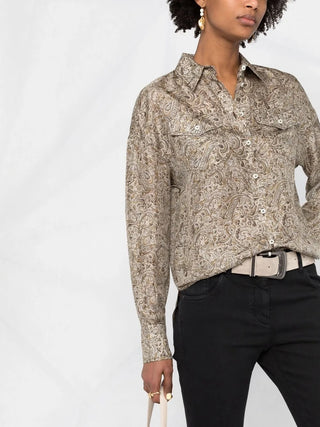 Brunello Cucinelli Silk Paisley Pattern Button-Down Shirt with Bead Embellishment
