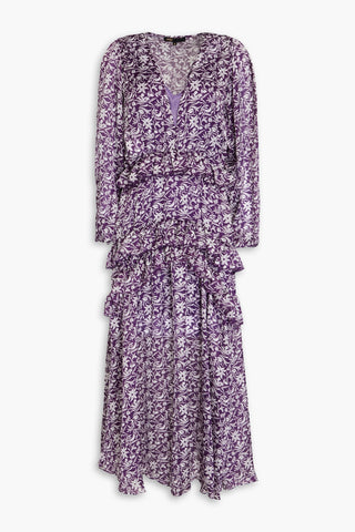 MAJE RUFFLED FLORAL-PRINT CHIFFON MIDI DRESS - Size 38