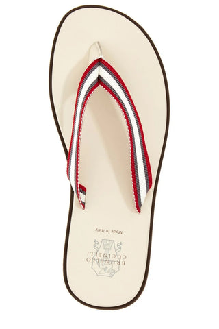 Brunello Cucinelli Striped Fabric Thong Sandals in Cream