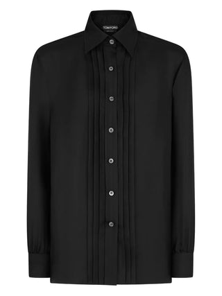 Tom Ford Silk Crepe Pintuck-Front Shirt Black