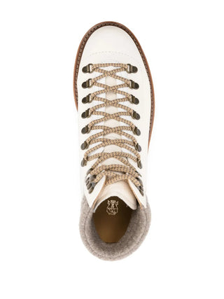 Brunello Cucinelli Off-White Grained Leather Lace-Up Boots with Felted Collar