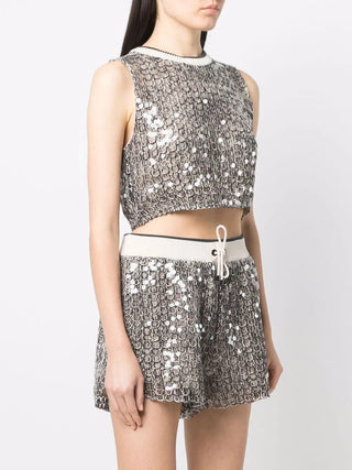 Brunello Cucinelli Sequined Mesh Sleeveless Vest with Ribbed Neck