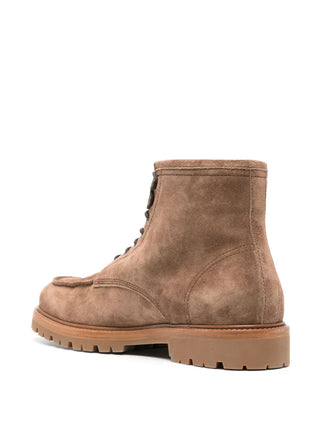 Brunello Cucinelli Chestnut Suede Moc-Toe Lace-Up Ankle Boots