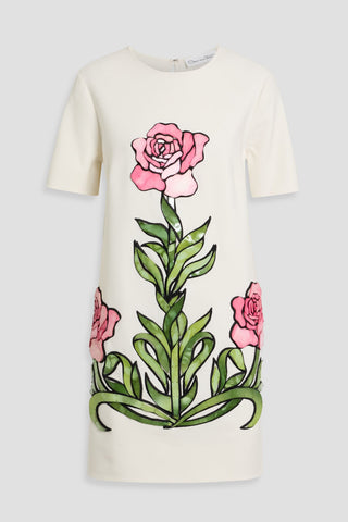 OSCAR DE LA RENTA FLORAL-APPLIQUD WOOL-BLEND MINI DRESS - Size 14