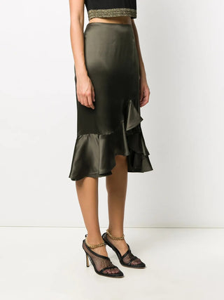 Tom Ford Satin Asymmetrical Ruffled Midi Skirt Green