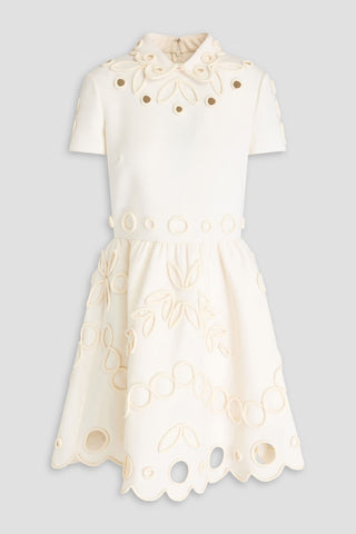 VALENTINO GARAVANI APPLIQUD LASER-CUT WOOL-CREPE MINI DRESS - Size 38