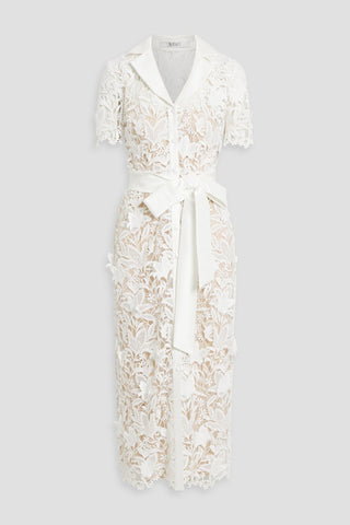 BADGLEY MISCHKA BELTED GUIPURE LACE MIDI SHIRT DRESS - Size 4