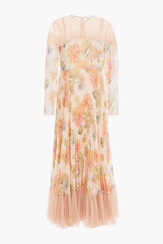 VALENTINO PLEATED FLORAL-PRINT GEORGETTE, LACE AND POINT D'ESPRIT MIDI DRESS - Size 44