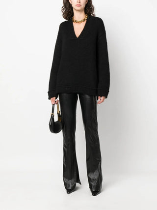 Tom Ford Textured Knit V-Neck Sweater with Ribbed Trims Black