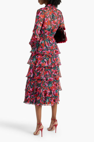 MIKAEL AGHAL TIERED FLORAL-PRINT CHIFFON MIDI DRESS - Size 12