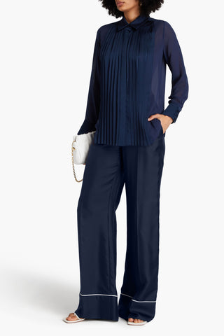 SIMKHAI VINKA PLEATED SATIN-PANELED GEORGETTE SHIRT - Size S