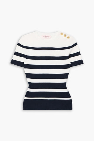 VALENTINO GARAVANI EMBELLISHED STRIPED RIBBED COTTON SWEATER - Size S
