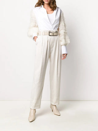 Brunello Cucinelli Linen Blend Pinstriped Pleated Cuffed Trousers